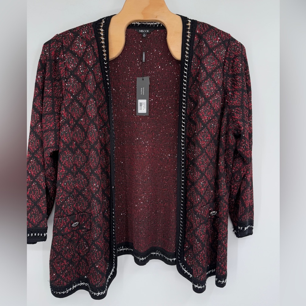 Misook Knit‎ Blazer Chain Sequin Red Black Cardigan Jacket NWT Sz 3X